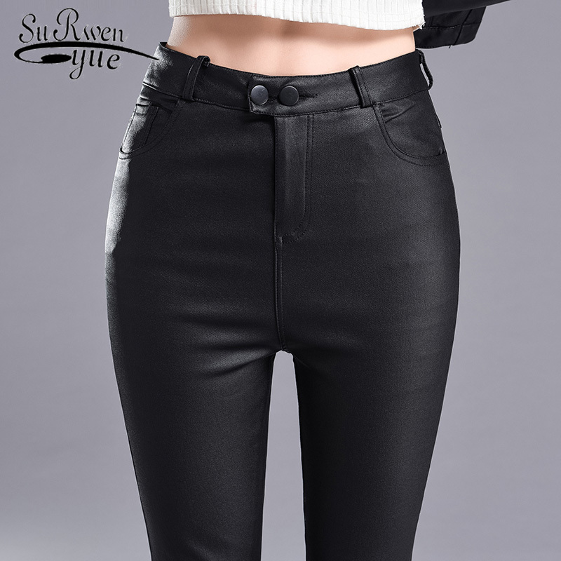 

Casual Pencil Pants Women Autumn High Waist Stretch Leggings Slim Long PU Leather Trousers Sexy Bodycon 7367 50 210521, No velvet