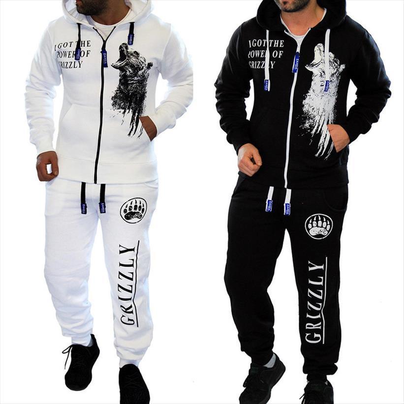 

brand jogger sets casual mens tracksuit 2 piece set matching pants sweat suit print black white men outfits fashion, Gray
