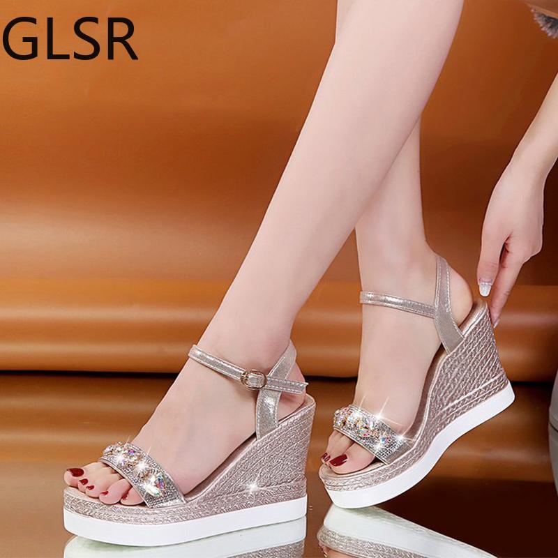 

Summer Shoes For Woman 2021 Wedge Sandals Rhinestone Flower Bling Women's Peep Toe High Heels Plus Size Ladies Footwear, Black