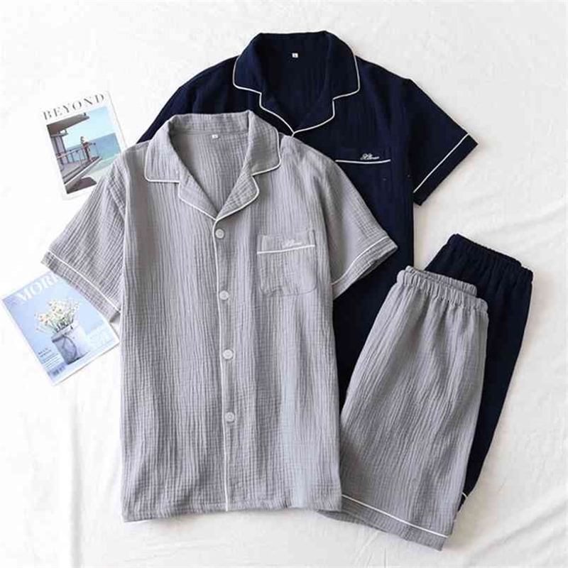 European Version Sleepwear Plus Size Pajama Sets Men's Summer Short-sleeved Shorts 100% Cotton Household Solid Pyjamas Suits 210812