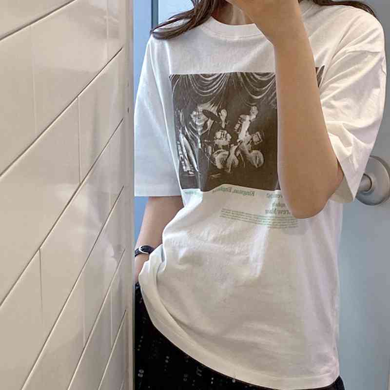 

Spring Summer O-neck Short Sleeve Women Tops Fashion Print Loose Casual Tee Shirts Elegant All-match T-shirt 13A283 210525, White