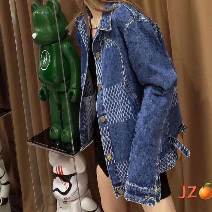Women jacket Womens Spring and autumn small jacquard female denim coat spliced fashion jacket web celebrity with the same style-image-789208203