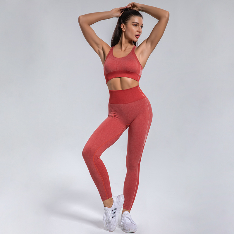 

Woman Two Piece Yoga outfits Fitness Clothes Seamless Patchwork U-bra Sports Waisted High Pants Stretch Sportswear GYM set, Red