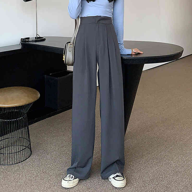 

with Dark Gray Mop The Drape Pants Suit Trousers Wide Straight Tall Waist Object Wide-legged Female Feeling 210429, Blue