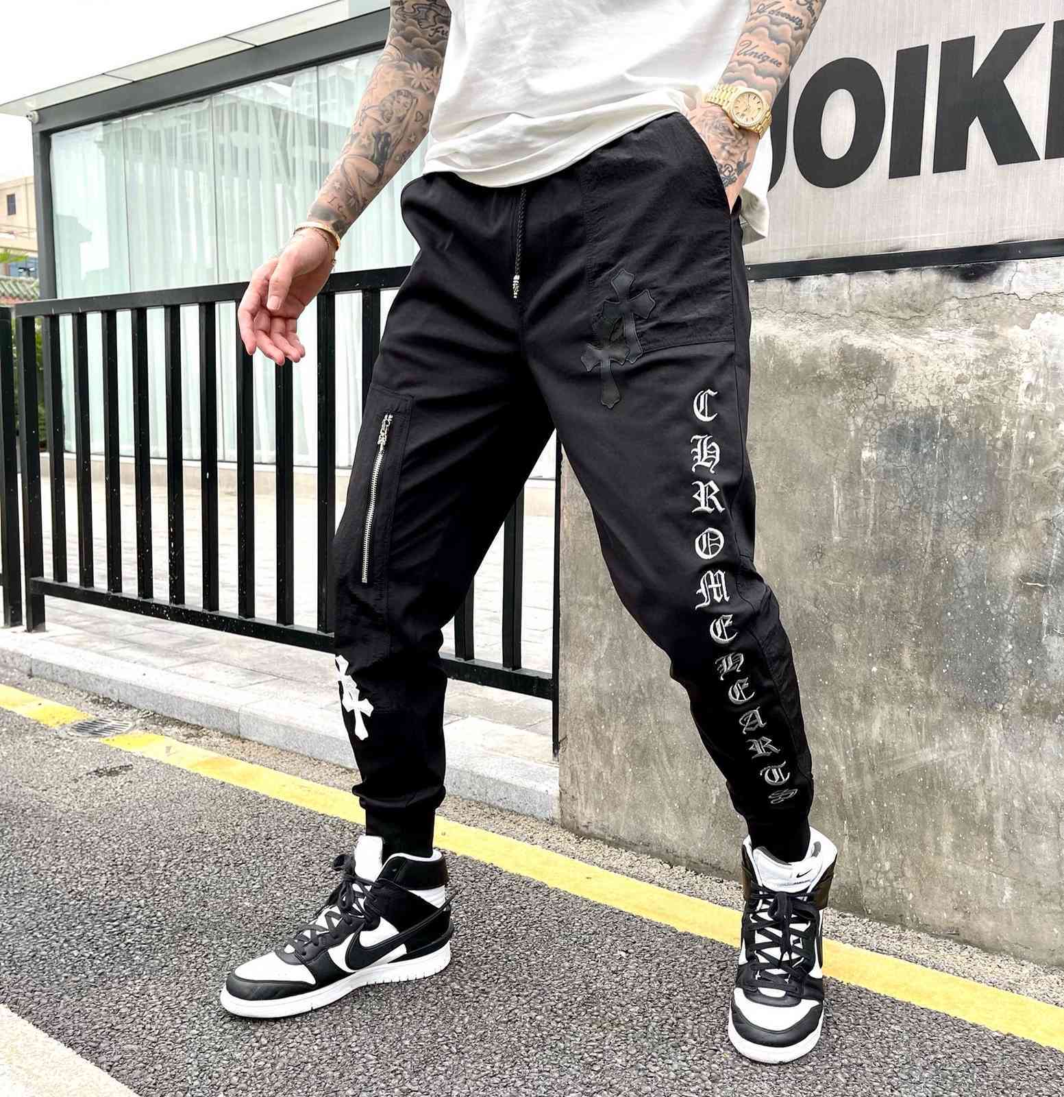 

Hearts/chrome 2021 Summer Thin Fashion Brand Crosin Men's Pants Cross Sanskrit Embroidery Sports Casual Pants Men's Pants, Black
