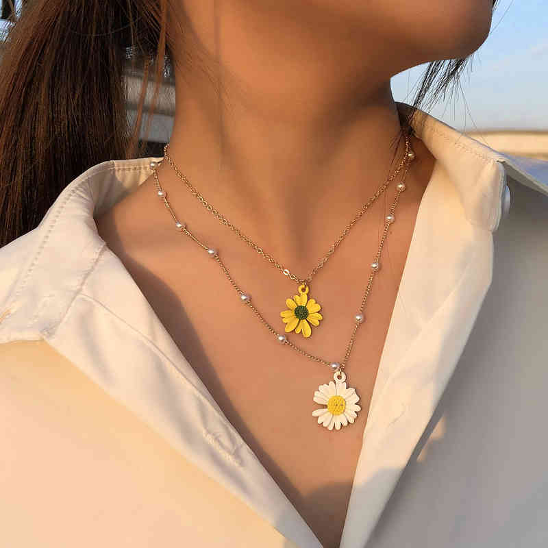 Fashion Layered Flower Pendant Female Small Daisy Pearl Chain Collar Necklace 2021 Bohemian Vintage Jewelry Gift-image-700681430