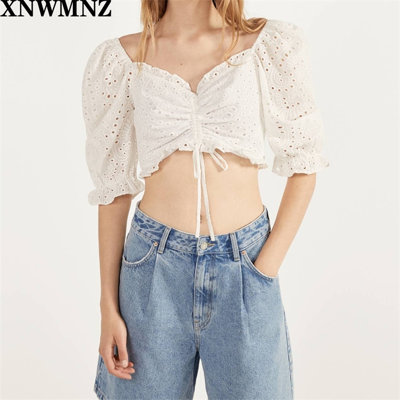 

Summer Hollow embroidery Crop Top Women zipper Off Shoulder Backless Short Sleeves Drawstring blouse Club Party Female Sexy 210520, White