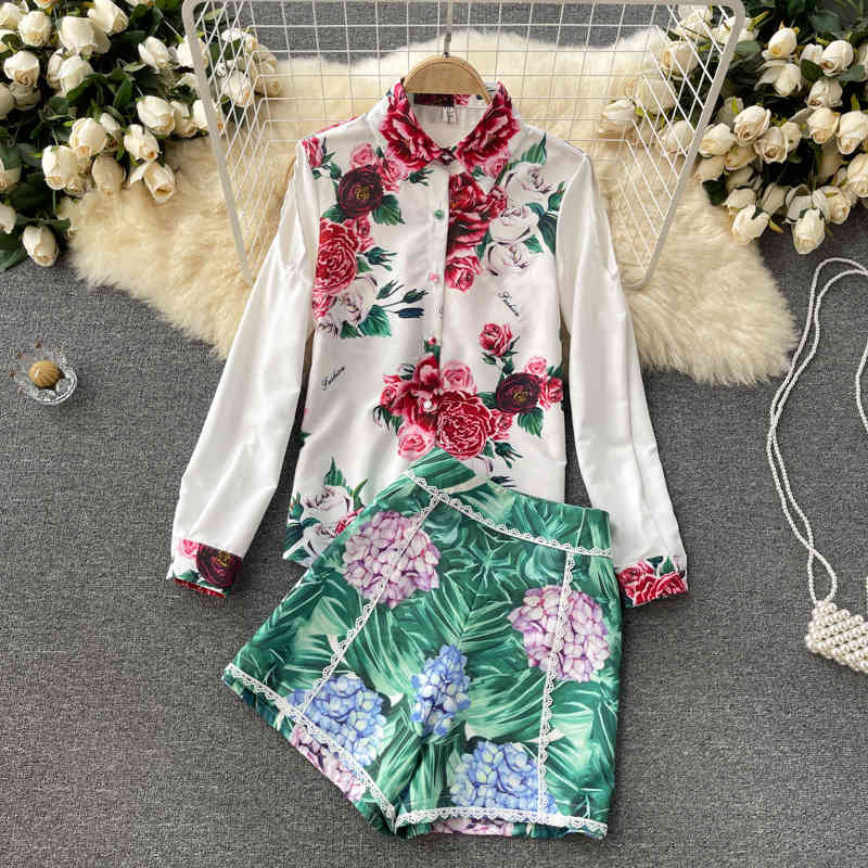 

Women Tprinting Shorts Arrivals Lapel Long Sleeve Two Piece Set Fashion Temperament Spring Summer 11D59109M 210525, Decor suit