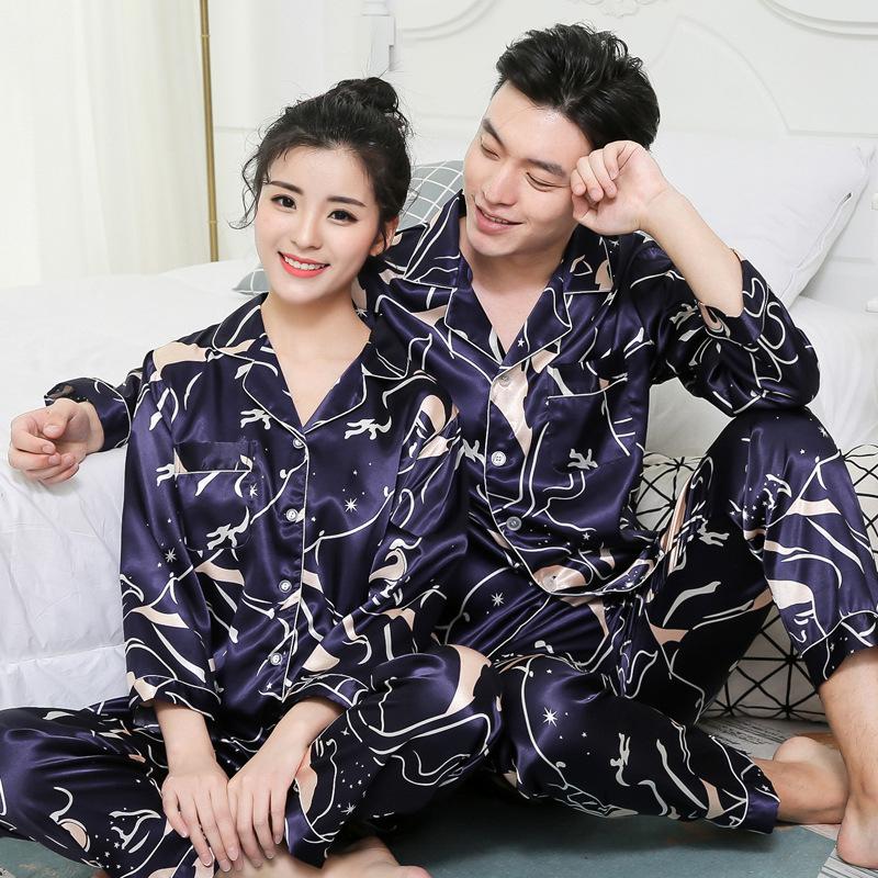 

Men's Sleepwear Thin Printing Matching Pajamas Couples Long Sleeved Silk For Women Sleep Tops Pants Mens Set Pijamas, Black;brown