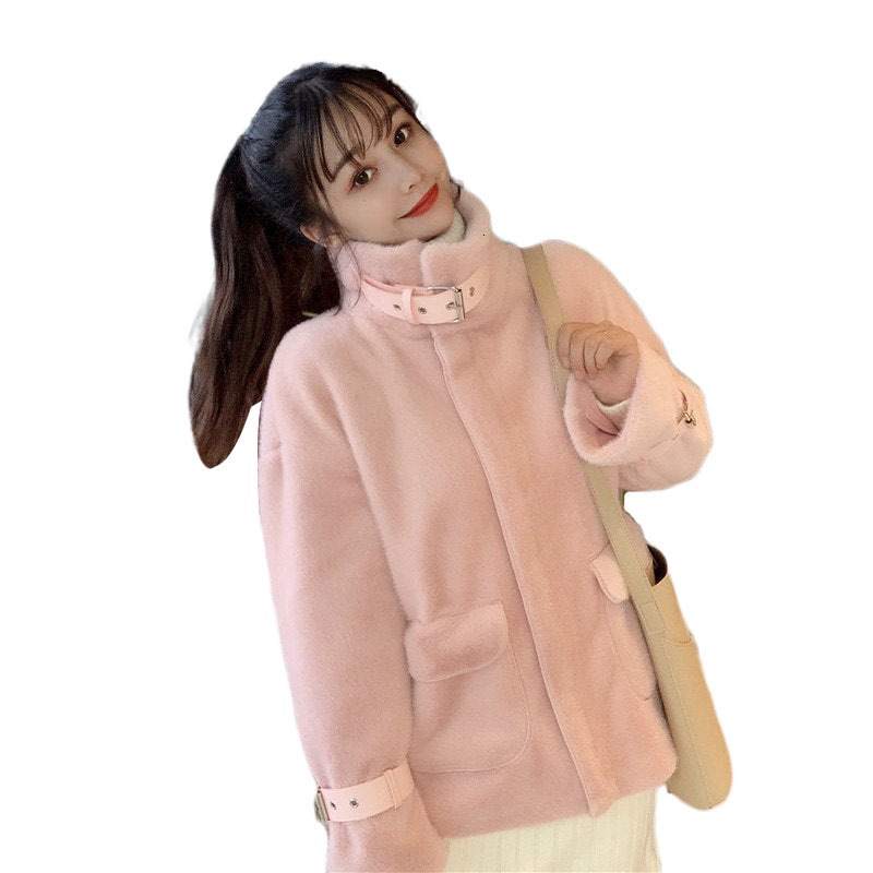 

women's trench coats winter coat of warm wool, stylish korean jacket fake skin, mostly soft curly zipper with plush, women's for o, Tan;black