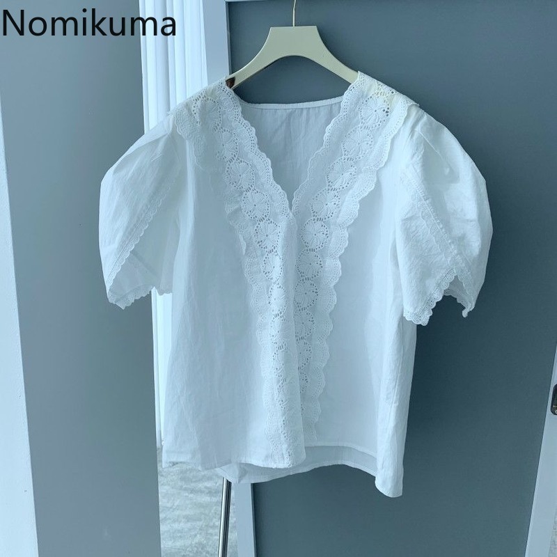 Nomikuma Women Blouse Lace Patchwork V-neck Flying Sleeve Shirt Causal Spring Summer Elegant Pullover Blusas Top 6F907 210427