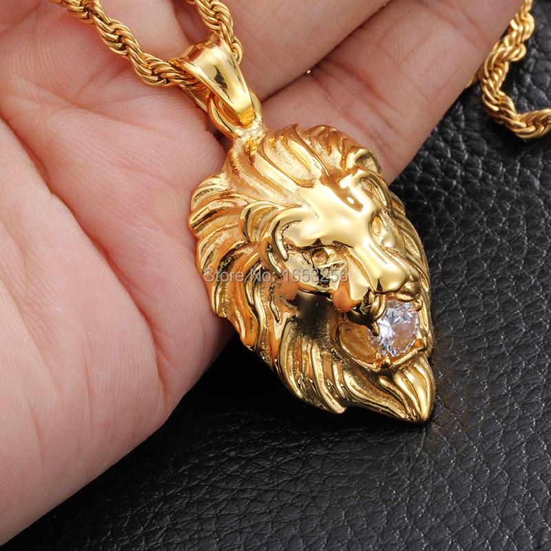 

Cool Men's Jewelry Yellow Gold Tone Stainless Steel Fashion Biker Lion White Crystals Pendant Free Rope Chain 22'' Necklaces