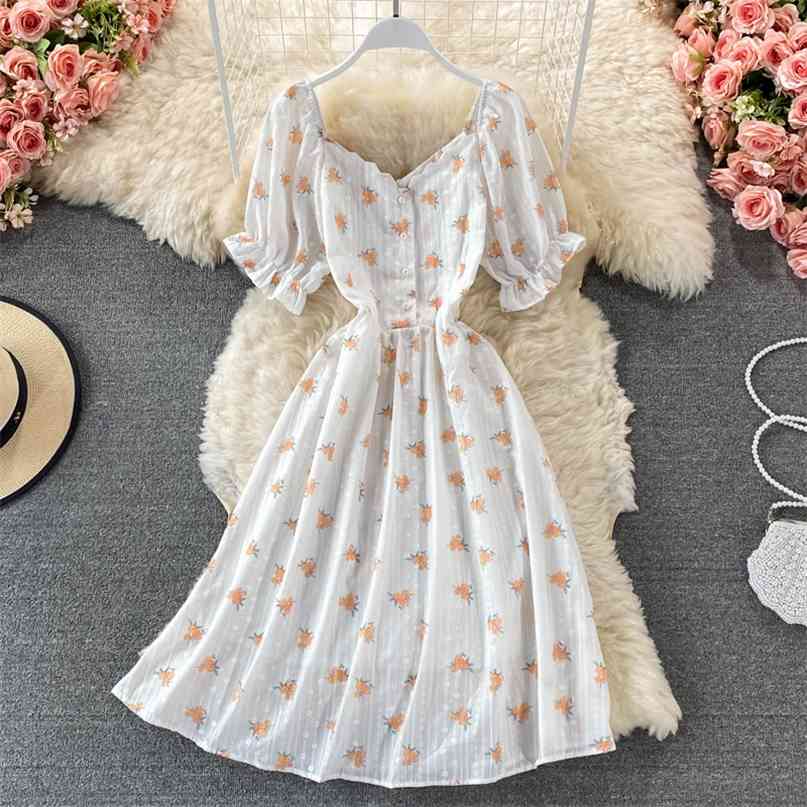 

French Floral Print Women's Dress Elegant V-neck Short-sleeved Pearl Buttons High Waist A-line Midi Party Summer 210603, Orange