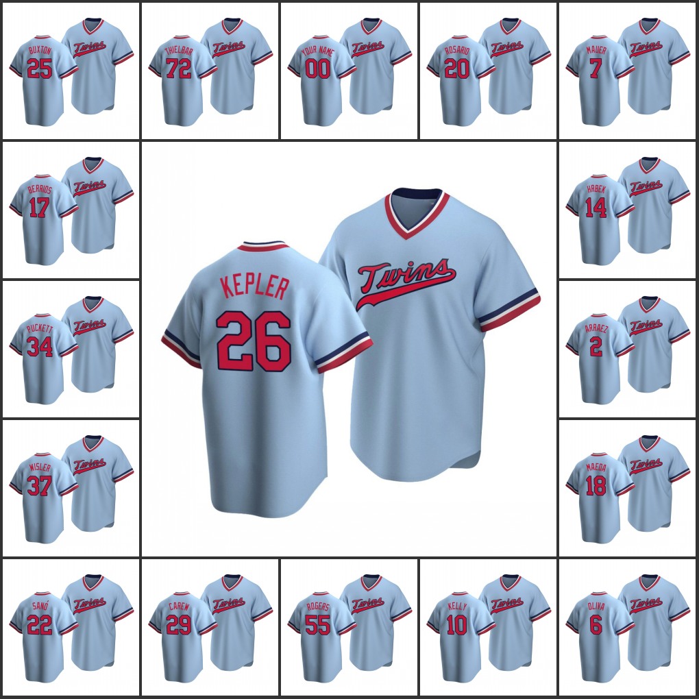 

Men MinnesotaTwins #22 Miguel Sano 34 Kirby Puckett 26 Max Kepler 25 Byron Buxton Women Youth Custom Cooperstown Collection Light Blue, Black