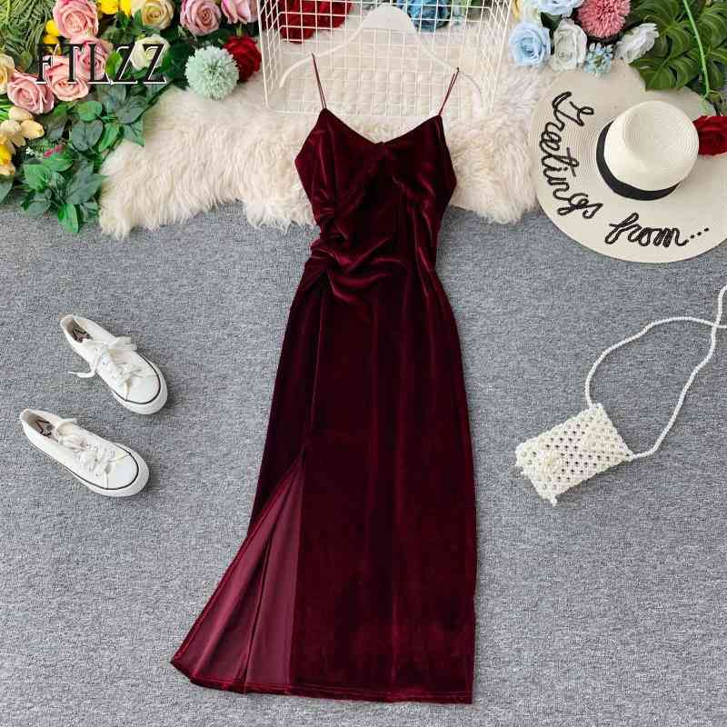 

Women Sexy Velvet Dress Vestidos Spring Summer V-neck Vintage Bodycon Dresses Ladies Slim Spaghetti Strap Long Robe 210602