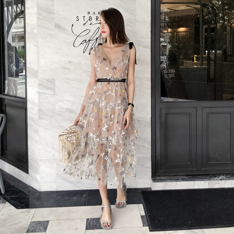 

High-end V-neck Sleeveless Sequined Floral Embroidery Mesh Pleated Maxi Dress Summer Desinger Self Portrait 210525, Picture color