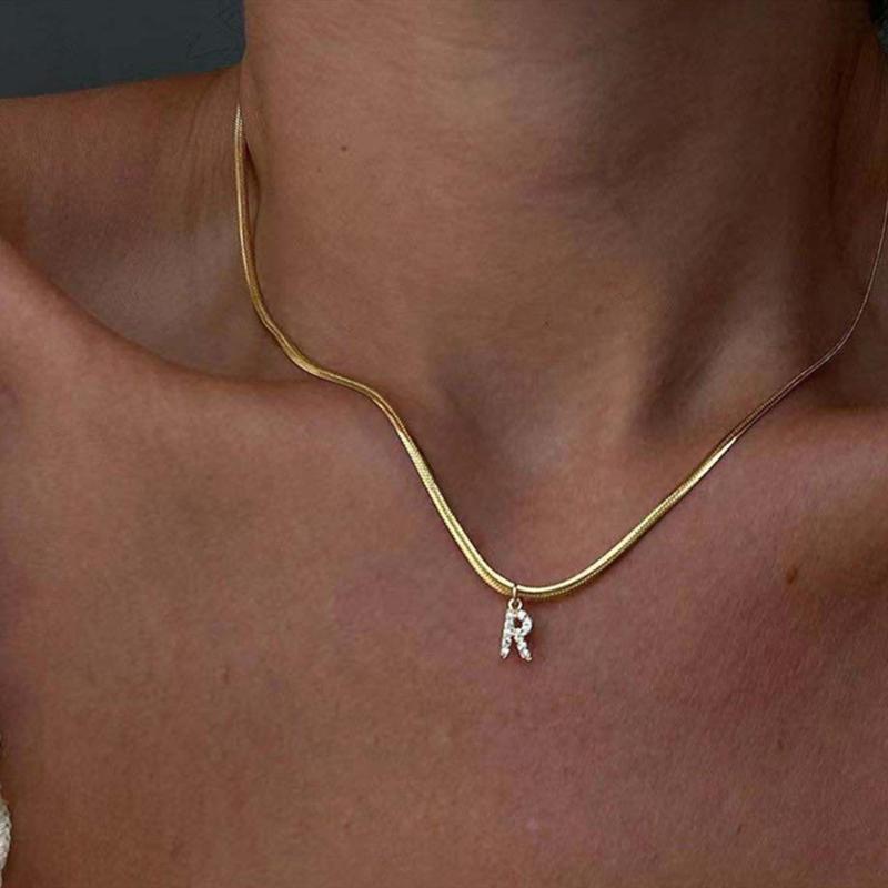 

Pendant Necklaces Hip Hop Round Snake Clavicle Chain Rhinestone A-Z Letter Necklace For Women Luxury Crystal Word Choker Jewelry, Silver