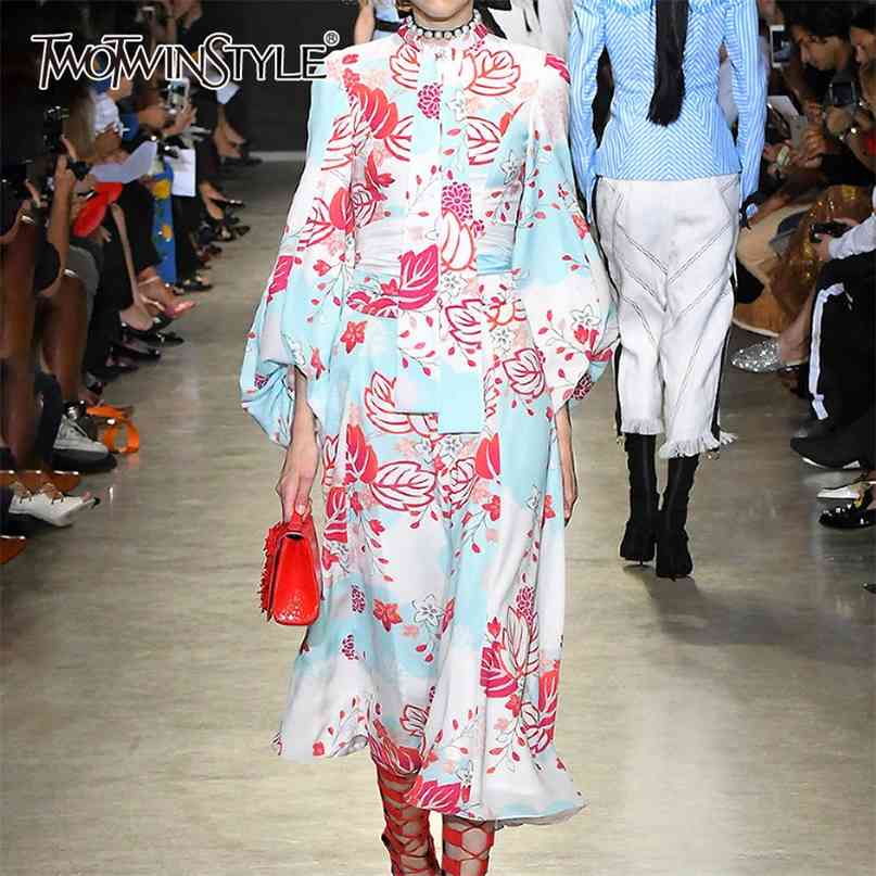 

Autumn Print Bowknot Dress For Women Lantern Long Sleeve O Neck High Waist Lace Up Dresses Female Fashion 210520, Blue