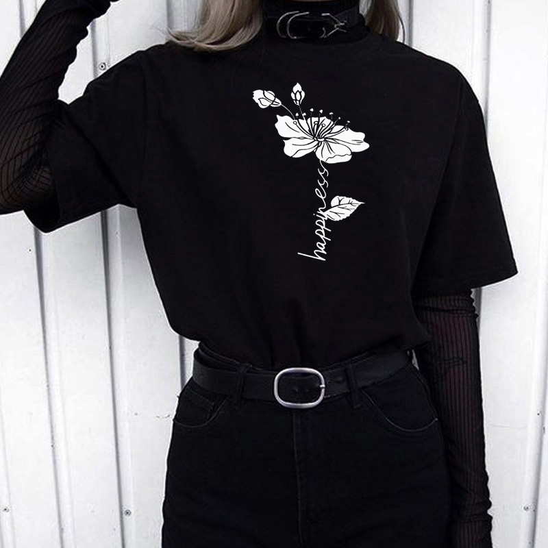 

Floral Graphic Tee Tumblr Aesthetic Vinatge 90s Fashion Street Style Harajuku Cool Grunge Unisex Women T-Shirt 210518, Black