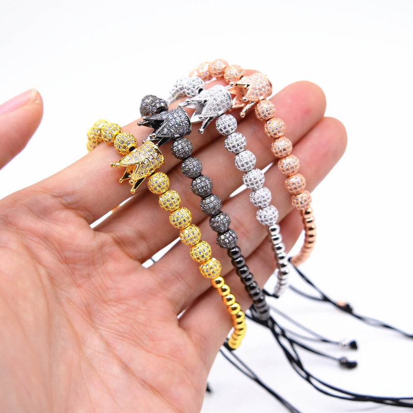 

New Zircon Bracelets Men Jewelry Cubic Micro Pave CZ Crown Charm & 4mm Round Beads Braided Macrame Bracelet pulseira femininaBracelets, Golden;silver