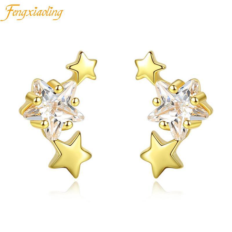 

Stud High Quality Super Shiny Zircon Star Earrings Real 925 Sterling Silver Earring For Women Fine Jewelry Cute Gift, Golden;silver