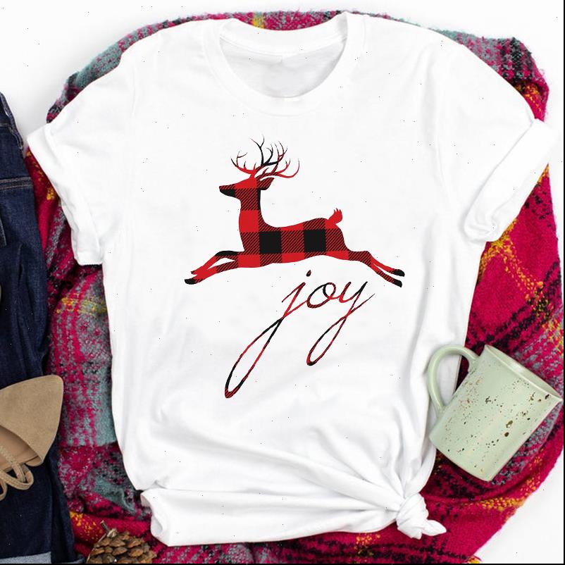 

women lady womens gift plaid deer cute letters winter holiday merry christmas print tshirt clothes graphic female t, White