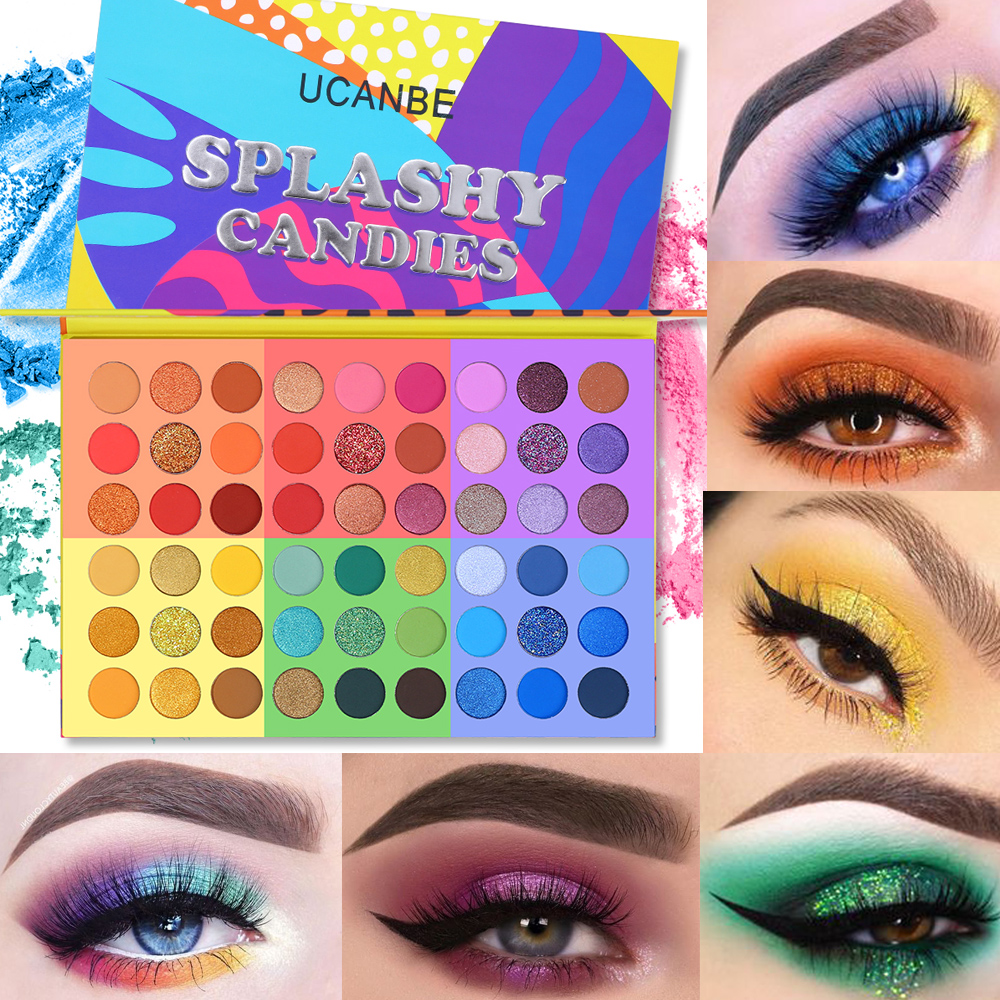 

6 in 1 Splashy Candies 54 Colors Eye Shadow Palette Vivid Summer Look Eyes Makeup Glitter Shimmer Matte Eyeshadow Powder, Stub071