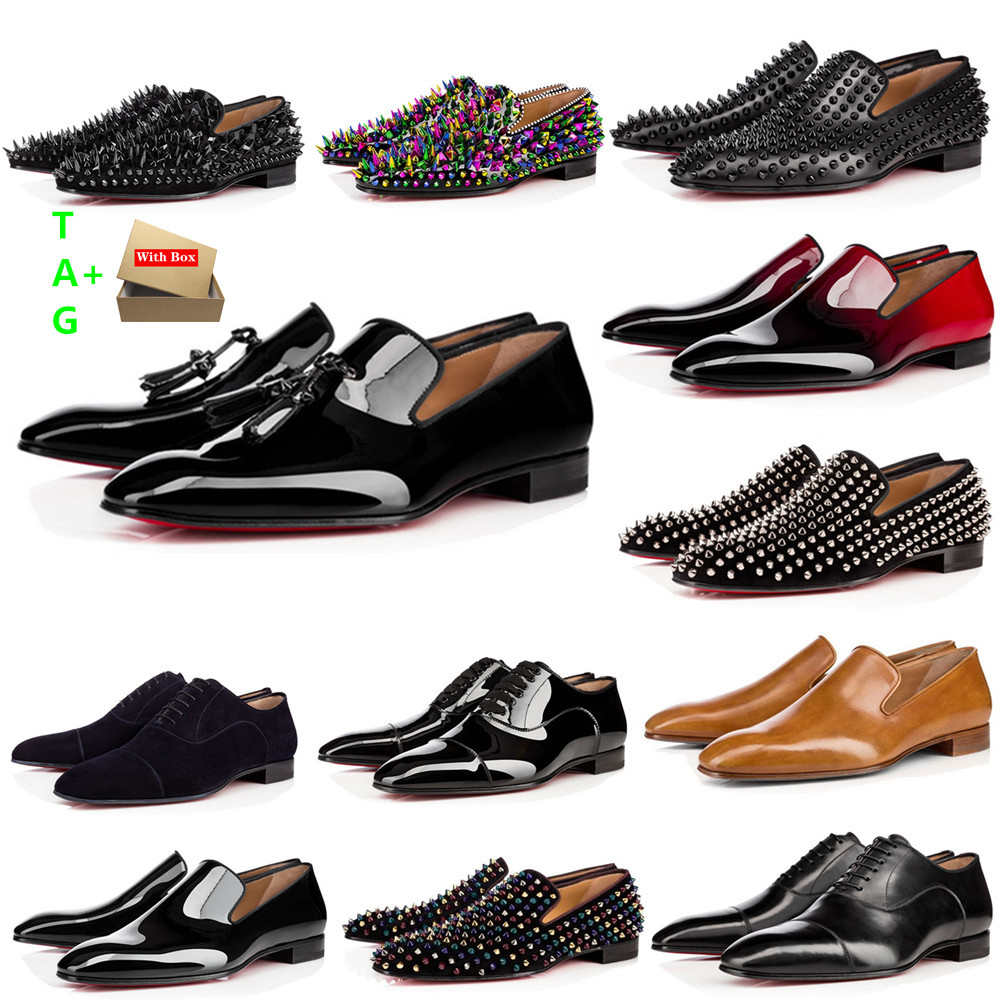 

mens red bottom shoes designer low flat rivets embroidery man business banquet dress shoe luxury patent suede stylist spikes genuine leather, Black