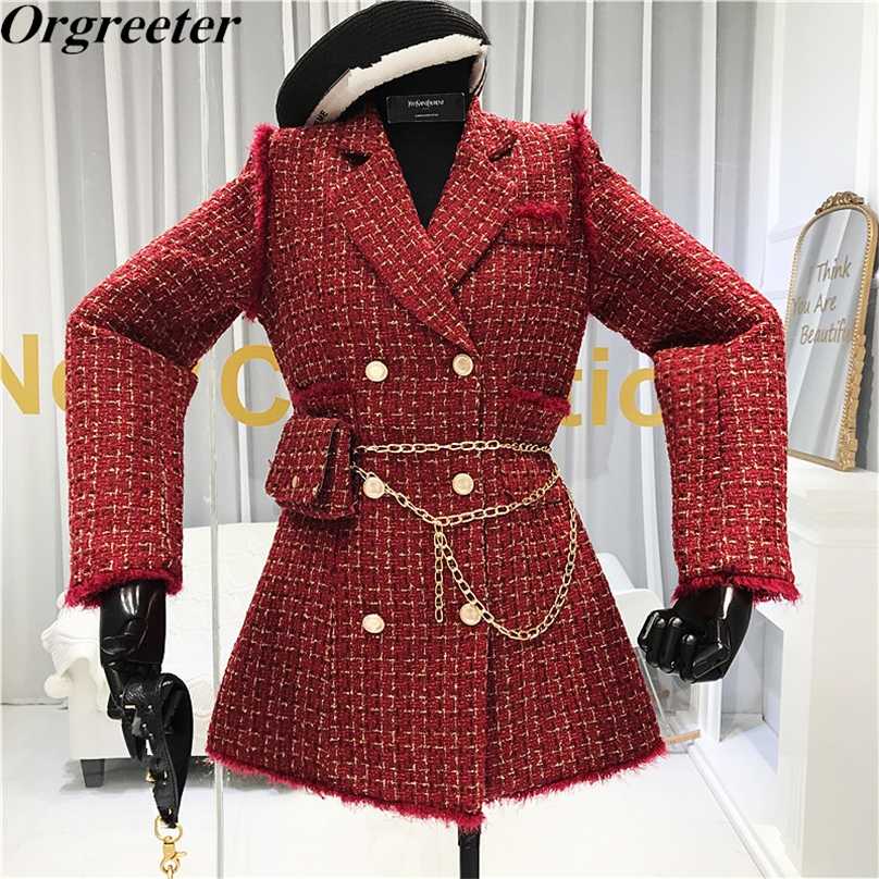 

Gold thread Plaid Suit Coat Women Notched Double breasted Feather Tassel Trim Slim Tweed Jacket With Free Belt bag 211019, Beige