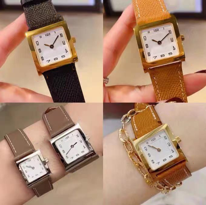 

21mm 26mm Real leather letter logo Wristwatch Heuer silver gold square Dial watch for lady girls women famous brand christmas gift, Silver white