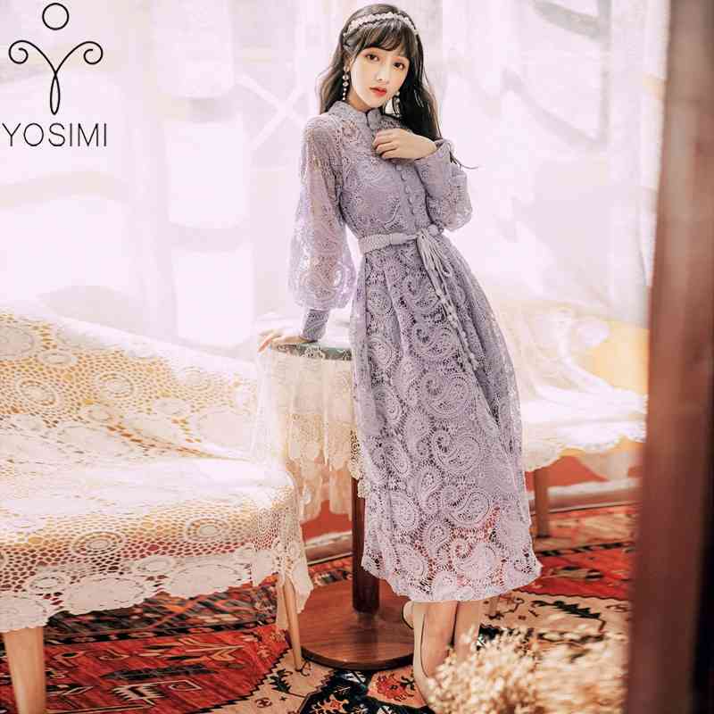 

YOSIMI Summer Purple Lace Long Women Dress Maxi Vintage Stand-neck A-line Mid-calf Evening Party Sleeve Elegant 210604, Khaki