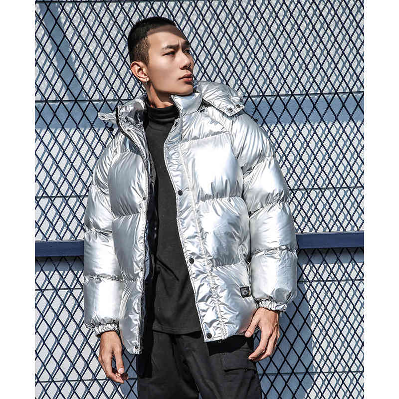 

downs Streetwear winter Thick warm men Fashion Shiny silver purple Parkas Jacket Hoodie Coat Hip hop Padded Hooded Cotton Outwear, Black