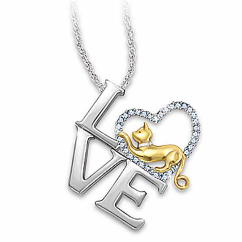 

Berbeny 2021 Love Cat Necklaces Girl Women Cute Lover Round Heart Crystal Pendant Necklace Couple Gift Jewelry Chains, Silver