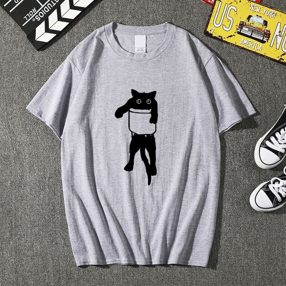 

Funny Cat Harajuku Casual T-Shirts Short Sleeve Mens Fashion Tops Tees Streetwear Loose Men's Hop, Grey