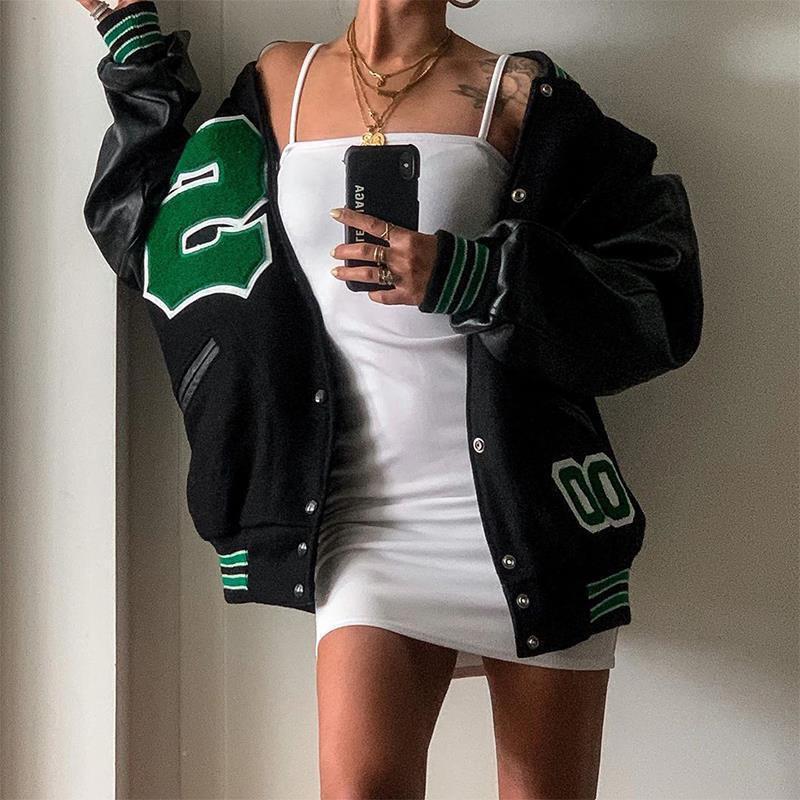 

Women' Jackets Embroidery Letter Baseball Women High Street PU Leather Loose Men Jacket Coat Oversized Hip Hop Harajuku Bomber, Black