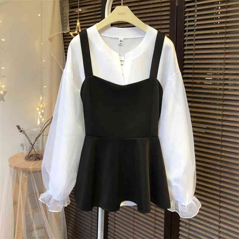 

Spring Fashion Woman Beautiful Puff Sleeves Tops + Black Vest 2pcs sets Girls Ladies Shirts A651 210519