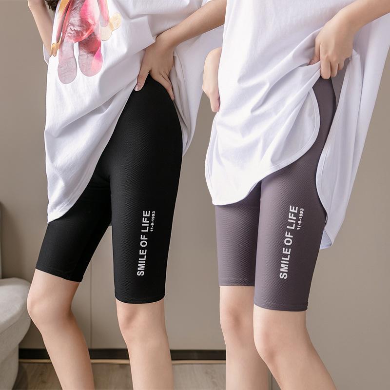 

Women's Shorts Summer Cycling Stretch Letter High Waist For Women Biker Slim Knee-Length Bottoms Yogaes, Black