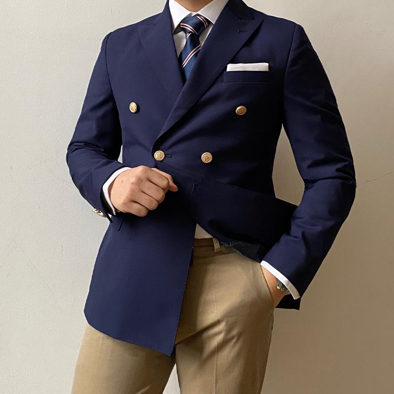 

Men' Suits & Blazers RICODESIGN Slim Fit Business Formal Navy Suit Double Breasted Gold Metal Buttons Stretch Two Pieces, Navy blue