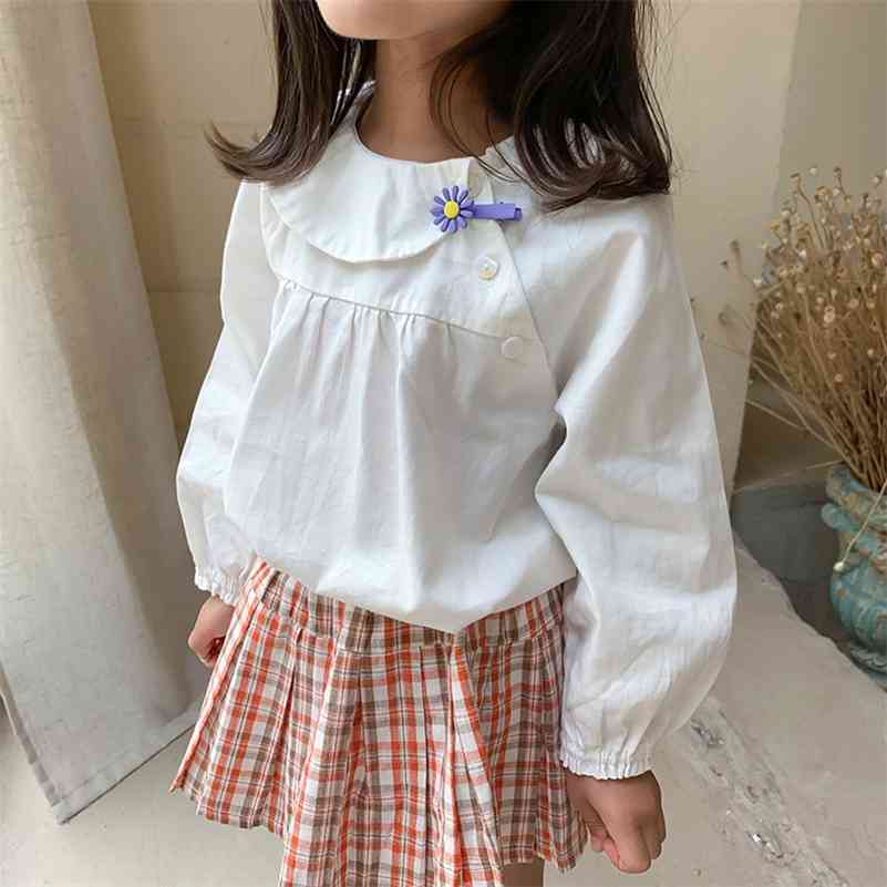 

Korean style girls fashion all-match Tilt collar white long-sleeved doll blouses pure cotton casual Tops 210708