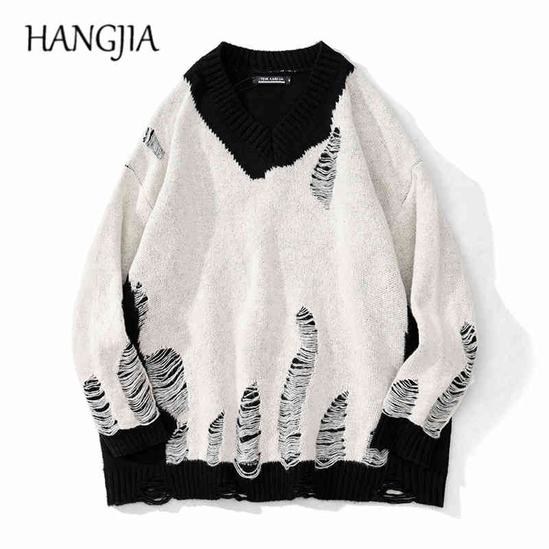 

black white patchwork pullovers sweaters washed dtroyed ripped sweater men harajuku hole knit jumpers for women oversized