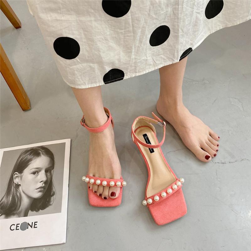 

Sandals Mid Heel Women Suede Pearl Summer Shoes Fashion Outdoor Open Toe Strange Style Black Pink Mujer