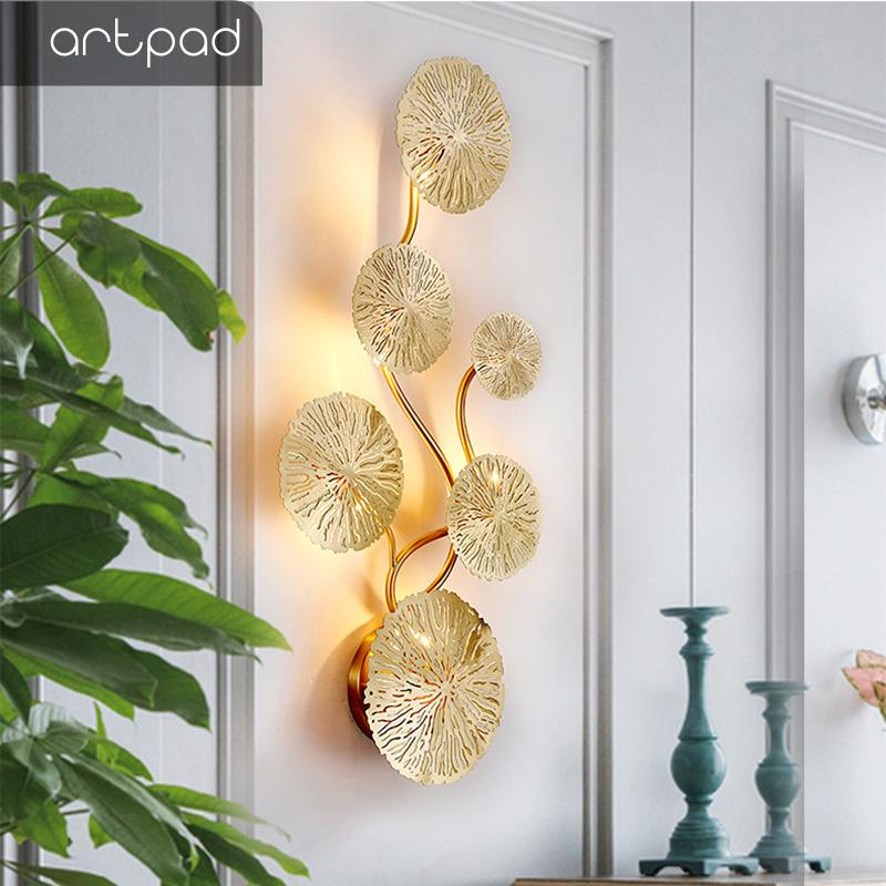 

Artpad Copper Lustre Gold Lotus Leaf Wall Light Vintage Retro Sconce Indoor Bedside Lamp For Bedroom Decoration