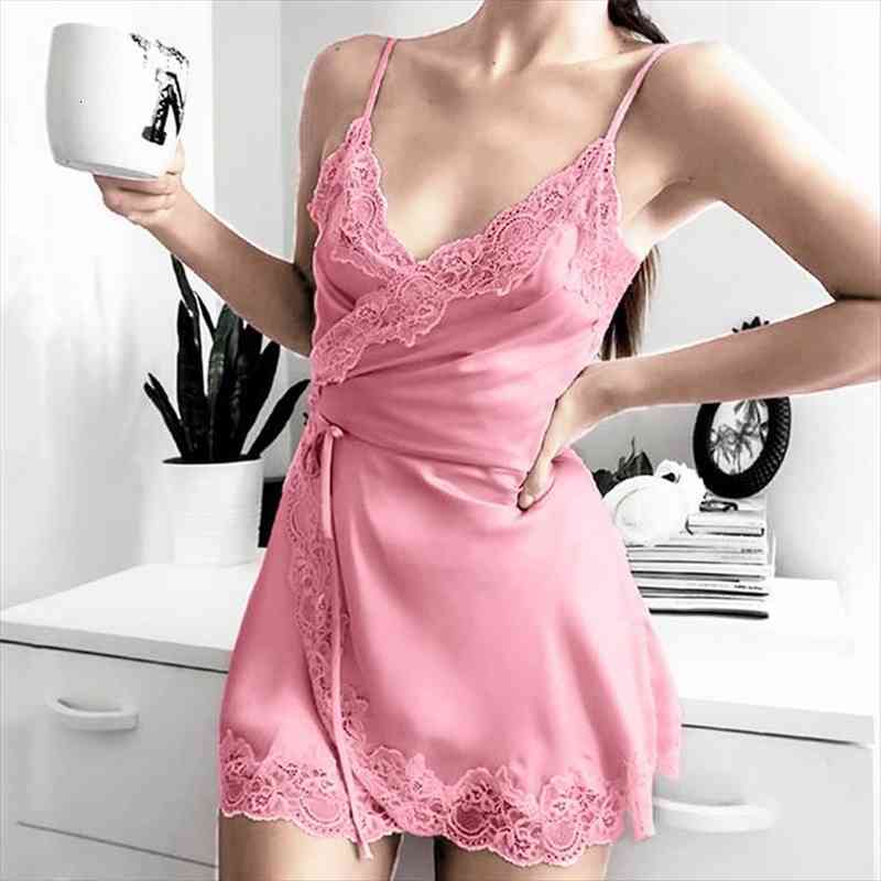 

dress retro womens sleepwears spaghetti strap lace satin pyjama dresses nightwear v neck silk lady nightdress bathrobe 3xl, Black;red