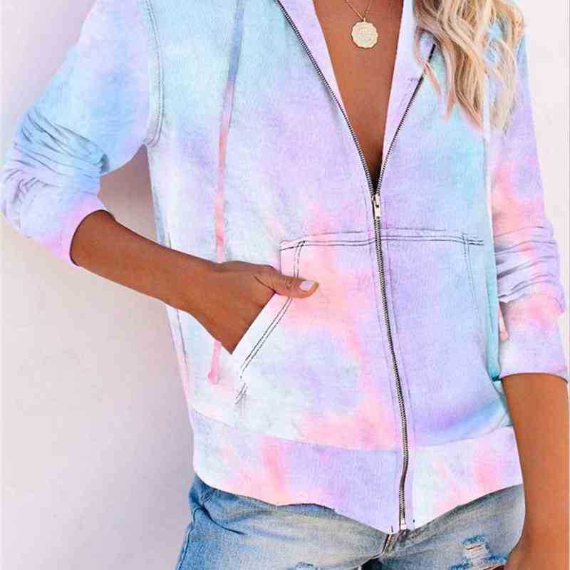 

New style women' hooded pocket zipper sweater tie dye gradient casual blouse2021, Purple