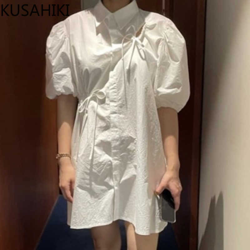 

KUSAHIKI Chic Bow Tie Hollow-out Blouse Dress Chic Puff Sleeve Turn-down Collar Vestidos Femme Causal Korean Woman Dress 6H029 210602, Black
