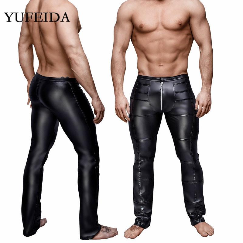 

Men Long Pants PU Leather Open Front Zipper Pouch Trousers Night Stage Dance Clubwear Cargo Sweatpants Mens Joggers Men, Black