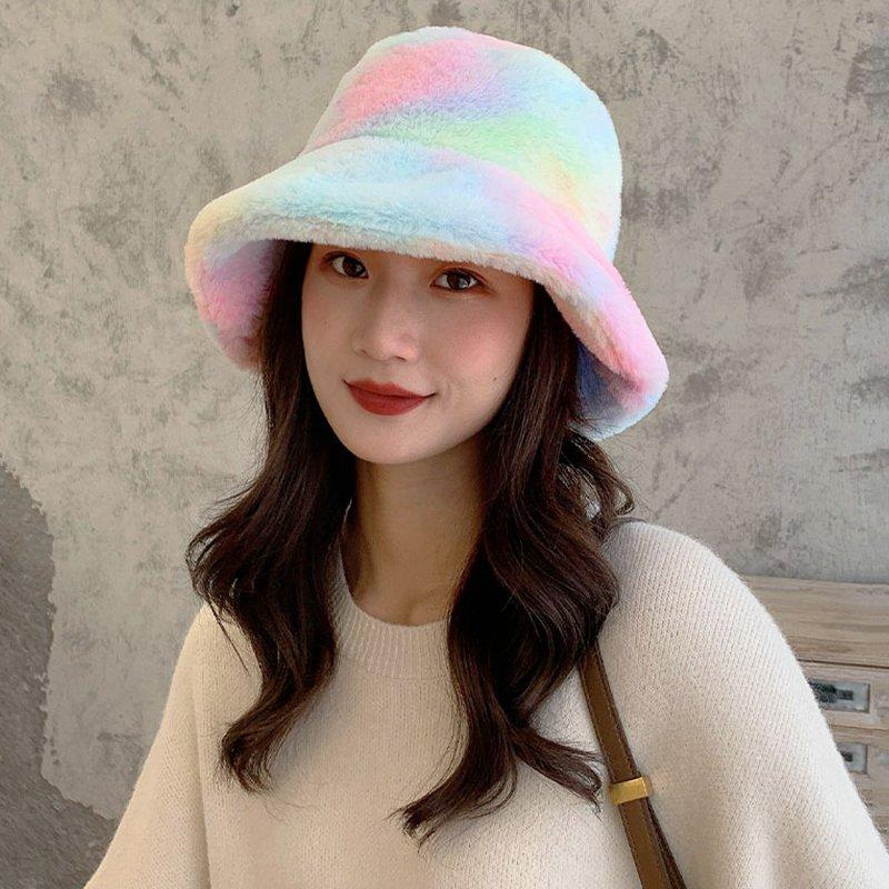 

Tie-Dyed Bucket Hat Korean Style Women Plush Autumn Winter Warm Colorful Dome All-Match Fashion Windproof Panama Fisherman Caps Wide Brim Ha