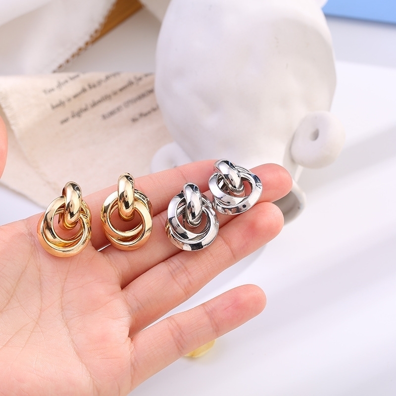 

S925 Silver Needle Double Ring Pendant Ear Stud Hip Hop Alloy Geometric Dangle Earrings Women Party Jewelry