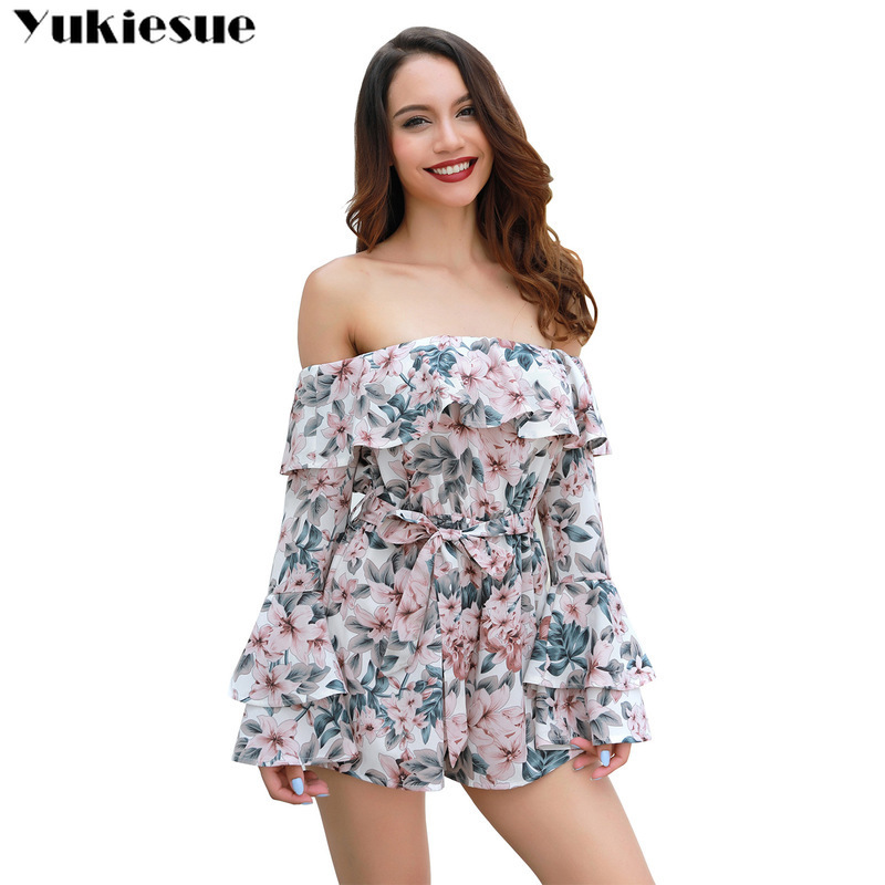 

off shoulder chiffon women's jumpsuit bodysuit female women summer rompers womens sexy elegant jumpsuits body femme overalls 210518, Beige