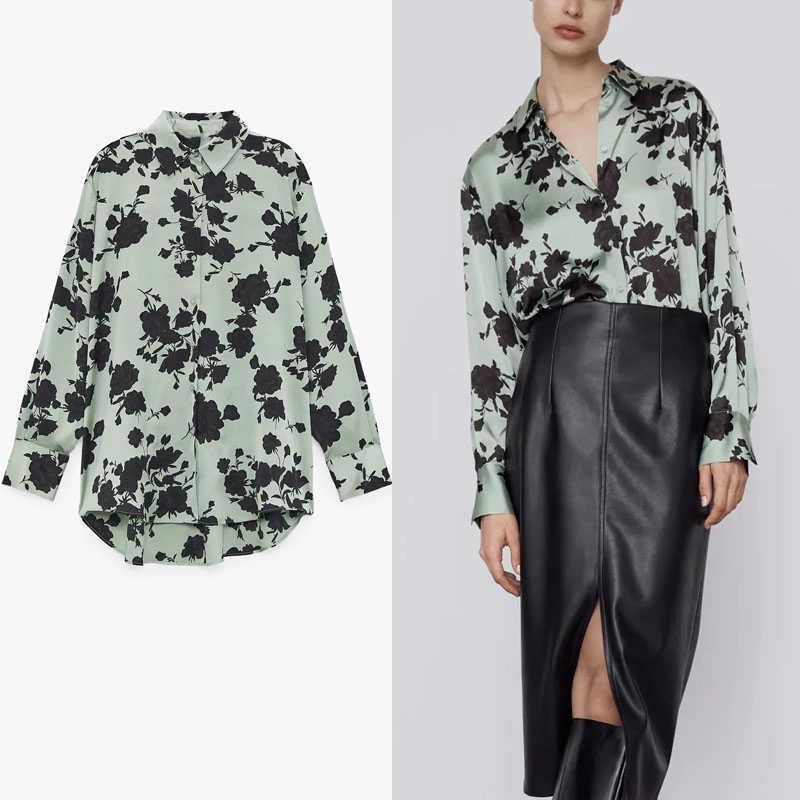 

Za Loose Print Satin Long Shirt Women Long Sleeve Large Size Irregular Top Female Fashion Front Button Vintage Green Shirts 210602